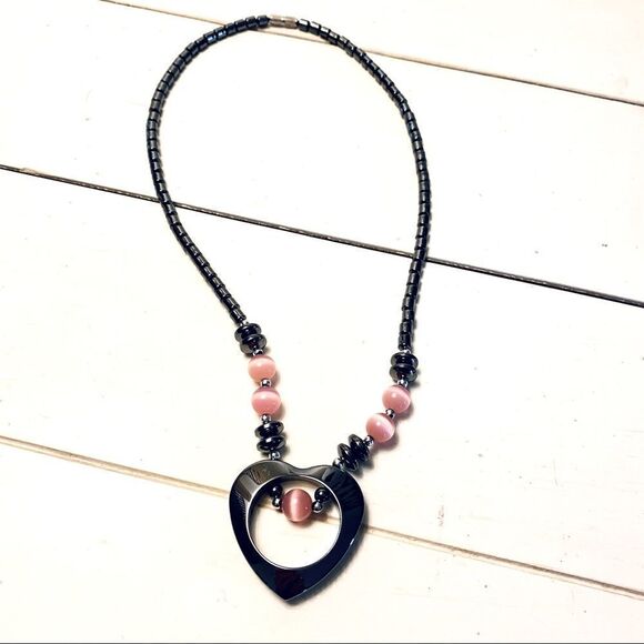 NEW 18” HEMATITE OPEN HEART W/ROSE QUARTZ STONE NECKLACE - Picture 1 of 14